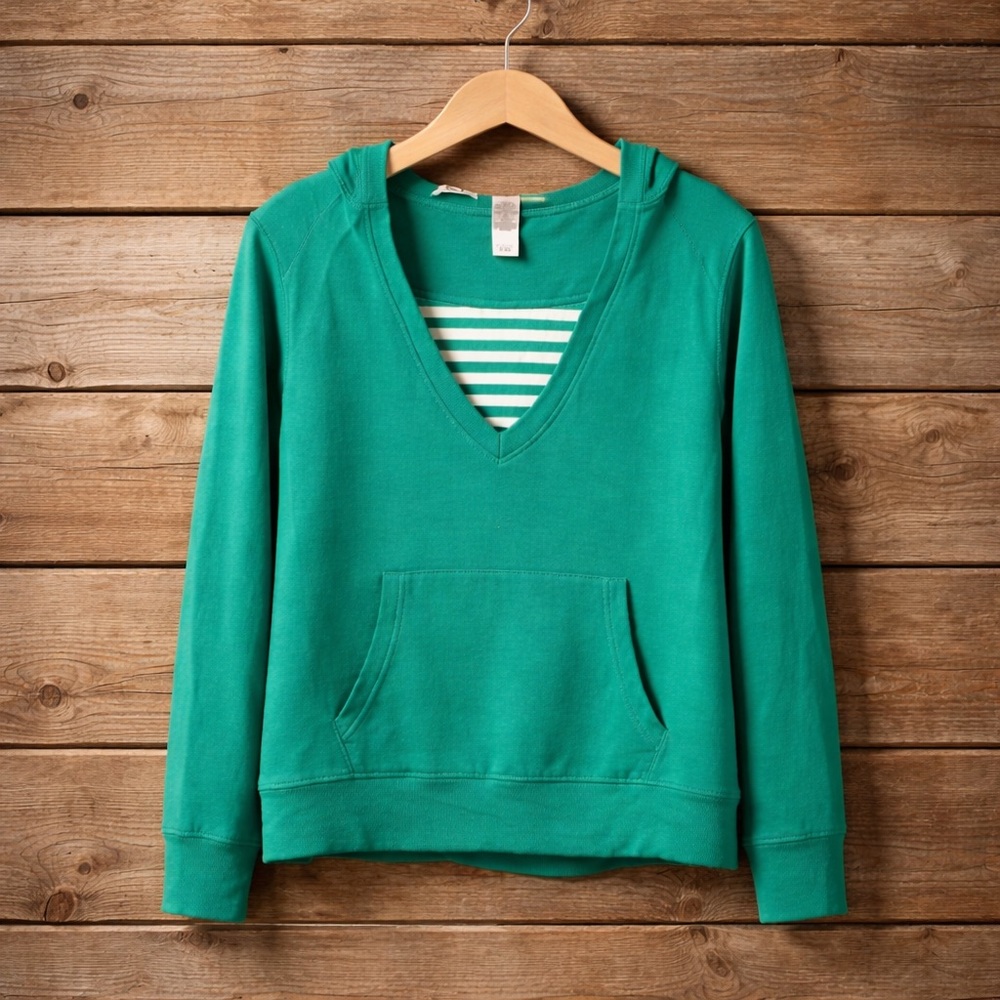 Liz and Company Green and White 1x Striped V Neck Cotton Spandex Hoodie